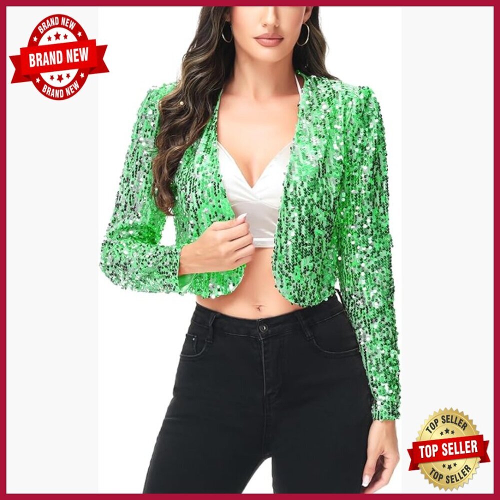 Long Sleeve Sequin Cropped Blazer Bolero Shrug with Shoulder Pads